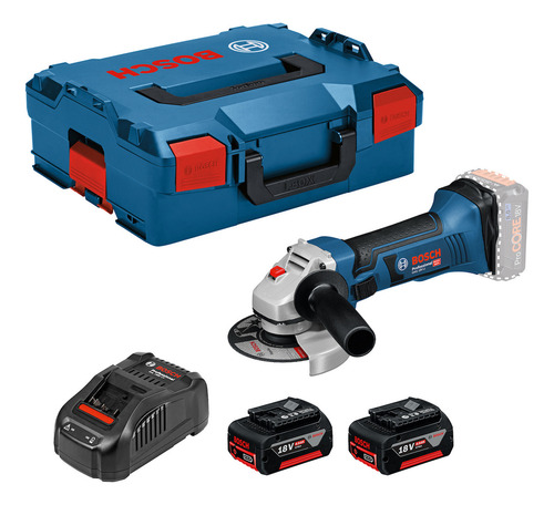 Miniesmeriladora Angular GWS 18 V-LI 115mm Bosch 18v + 2 Baterías 4.0Ah + Cargador + Maletín L-BOXX
