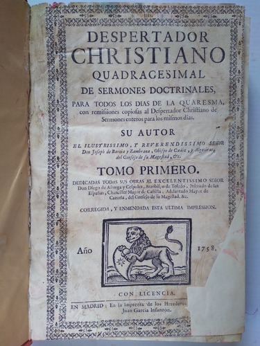 Despertador Christiano 1758 Libro Antiguo Religioso, Sermone