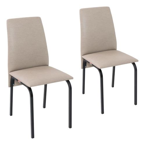 Conjunto De 2 Cadeiras Barcelona Tubo Preto Fosco - Ciplafe Assento Bege Desenho Do Tecido Linho Bege