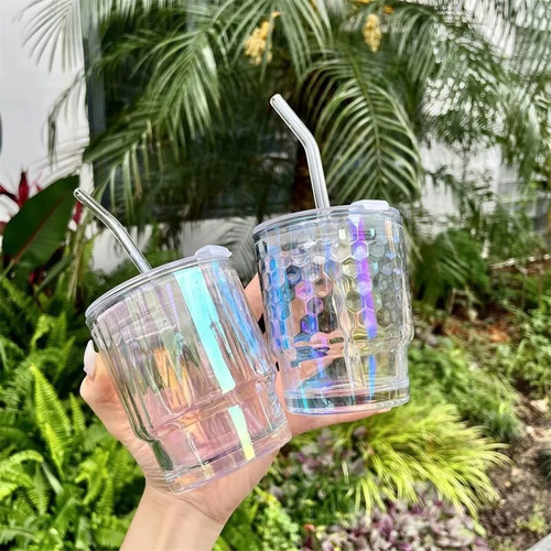 Vaso De Vidrio Con Tapa Y Sorbete De Vidrio Tornasolado Tornasol
