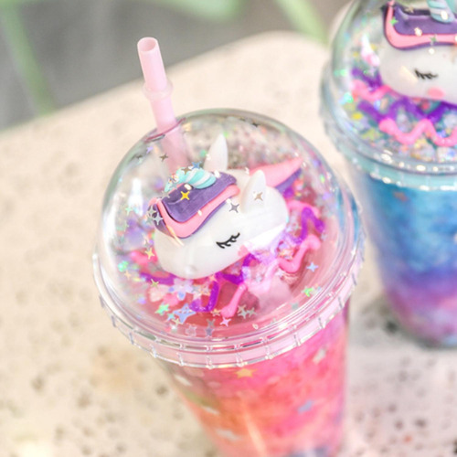 Vaso Con Bombilla Diseño Unicornio Glitter Y Luces Kawaii