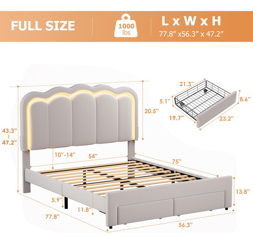 Base De Cama Matrimonial Led Tapizada Con 2 Cajones Y Cabece