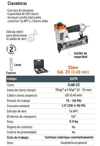 clavadora neumática, profesional, calibre 23