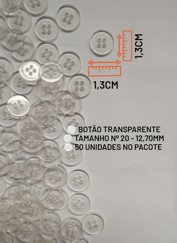 Botão Para Vestido De Noiva Transparente Cristal Tam 20- 50u Transparente Redondo Com 4 Furos