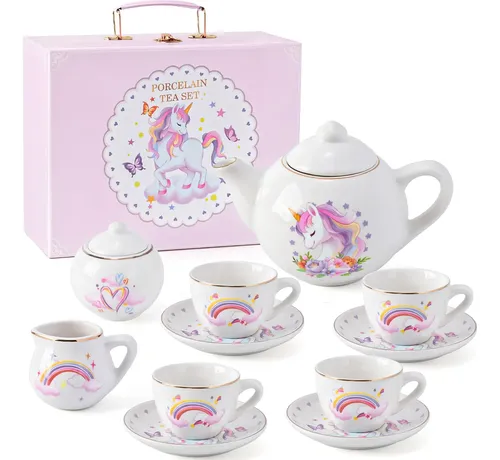Juego De Té De Porcelana Con Unicornios – 13 Piezas Para Niñas De 3 Años O Más, Incluye Tetera, 4 Tazas, Platillos, Lechera Y Azucarero – Caja Regalo Rosa