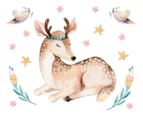 Imagen 2 de 4 de Vinilo Decorativo Infantil Nordico Acuarela Ciervo Animales