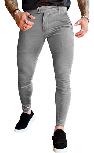 Calça Alfaiataria Skinny Italiana Cropped Masculina Cinza