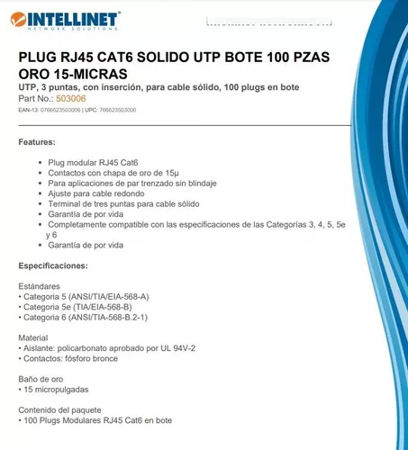 Plug RJ45 Cat 6 sólido (100 piezas) 503006, Marca INTELLINET