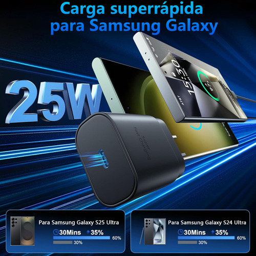 Cargador Para Samsung 25w Cargador Rapida Tipo C Compatible Con Samsung S25 S24 S23 S22 S21 A56 A55 A54 A36 A35 A16 A06 Note10 Note 20 Carga Rápida Pd 25w 2metros Negro 2 Piezas