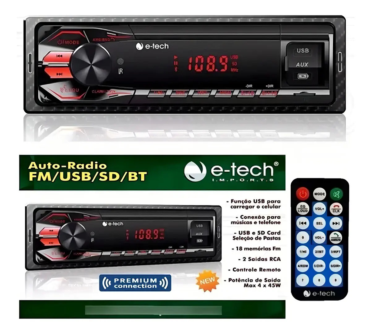 E-Tech Imports Premium BT som automotivo com USB, bluetooth e leitor de cartão SD