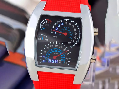 Reloj Aviador Led Premium Tipo Velocimetro Rojo Y Plata
