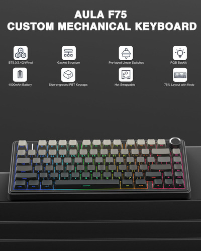 Teclado Mecánico Inalámbrico Aula F75 Pro, 75% Junta,