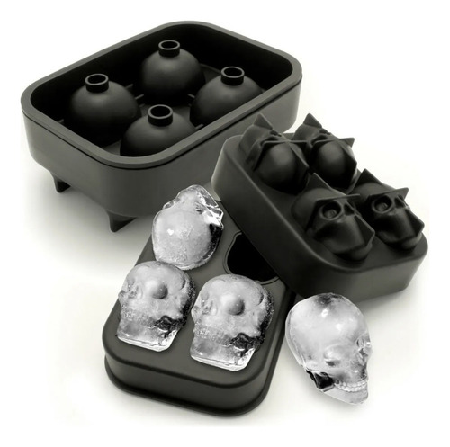 Cubetera De Hielo Silicona 4 Cubos Calavera Hielera Flexible Color Negro
