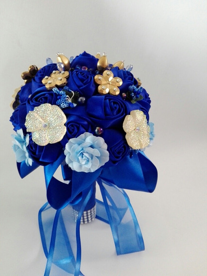 Ramo De Novia Azul Rey Con Oro Flores De Tela Hecho A Mano | Envío gratis