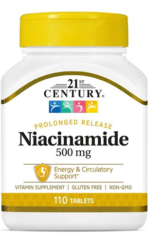 21st Century, Niacinamida 500mg, Vitamina B3, 110 Cápsulas Sabor Sin Sabor