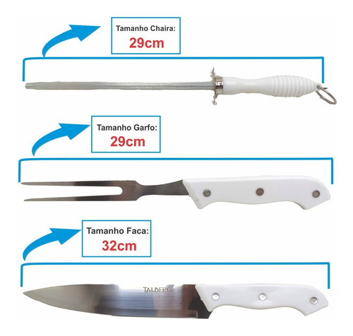 Imagem 2 de 7 de Kit Churrasco Tábua Com Alça Lateral Faca Garfo Chaira Inox