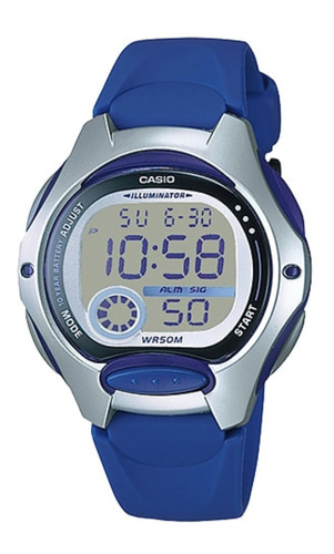 Relógio de pulso digital Casio LW-200 com corria de resina cor azul - fondo cinza - bisel preto/prateado