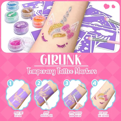 Girlink Kit De Tatuajes Con Purpurina Para Niñas, Tatuajes