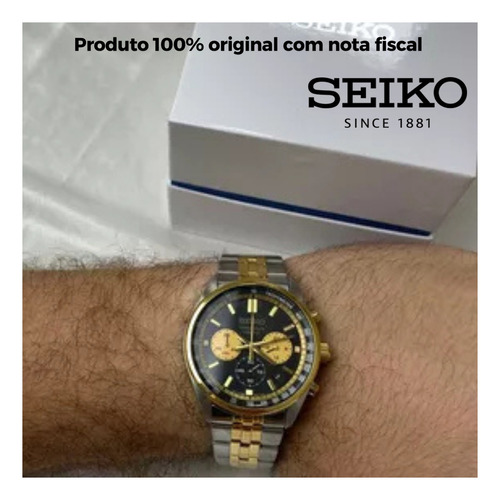 Relógio Seiko masculino cronógrafo SSB430B1 esportivo de aço dourado com mostrador preto à prova d'água, pulseira de aço inoxidável elegante e robusto