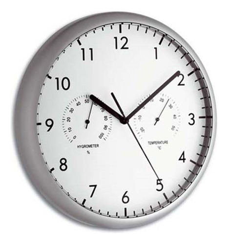 Reloj De Pared Tfa Redondo Con Termohigrometro Estructura Plateado Fondo Blanco