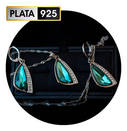 Dijes + Arracadas + Collar Plata 925 Swarovski Esmeralda