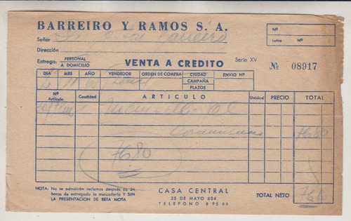 1965 Factura De Libreria Barreiro Y Ramos Montevideo Vintage