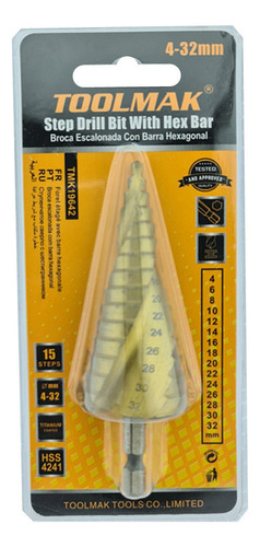Broca Pino Escalonada Con Barra Hexagonal 4 - 32mm Toolmak