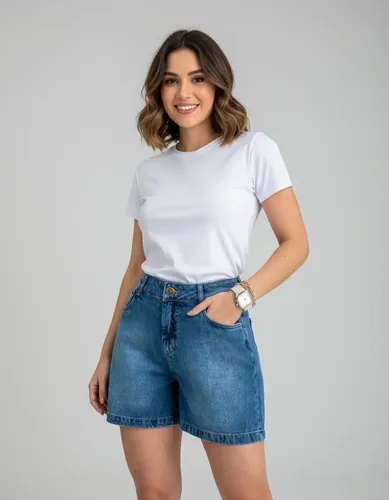 Short Jeans Mom Lycra Cintura Alta Barra Dobravel — R$ 71,76 em Mercado Livre
