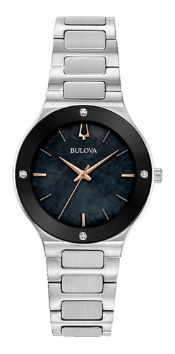 Reloj Bulova 96r231 para mujer fabricado en Japón *diamantes, color de la correa: plata, color del bisel, color de fondo negro, color de fondo nácar