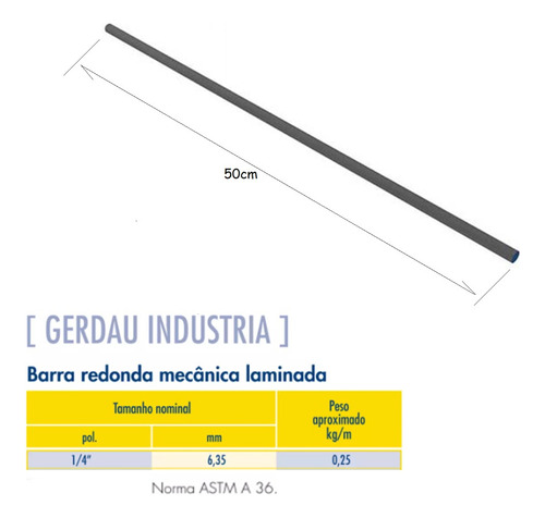 Barra Ferro Redondo Gerdau Astm A36 1/4 - 6,35mm X 50cm 5un