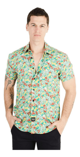 Camisa Hombre Hawaiana Fibrana Manga Corta Flores Multicolor