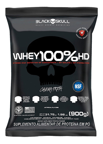Whey 100% Hd Refil Black Skull - 900g (wpc, Wpi E Wph) Sabor Morango