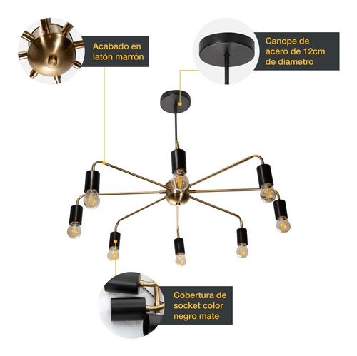 Lámpara Colgante Araña Negro Latón G100 E27 40w 8 Luces