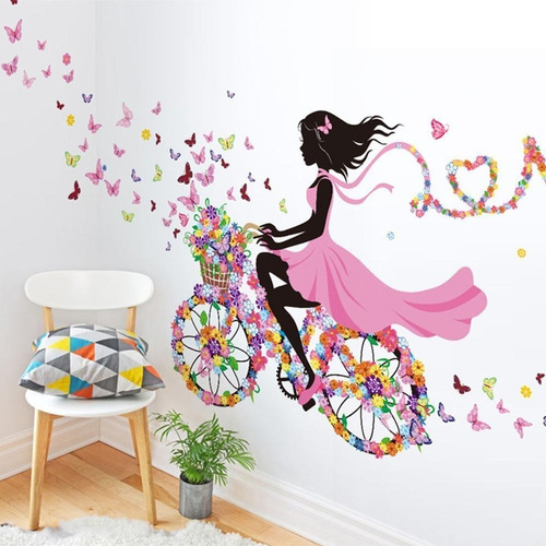 Vinilo Decor Sticker Art Pared - Bici Hada Love Chica Flor 