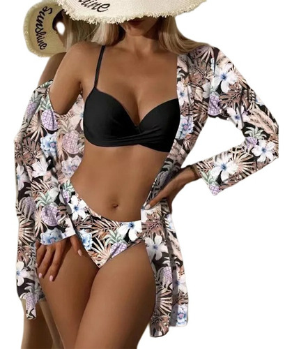 D Conjunto De Pareo De Playa De Kimono + Bikini Floral For