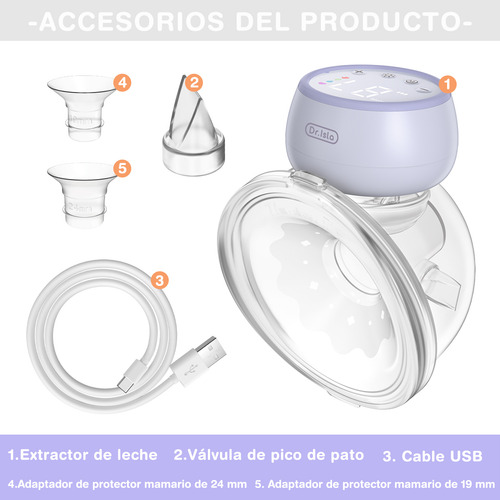 Extractor de Leche Eléctrico Portátil Dr.Isla Manos Libres 4 Modos 12 Niveles Luz Nocturna Silicona Alimentaria Color Purpura
