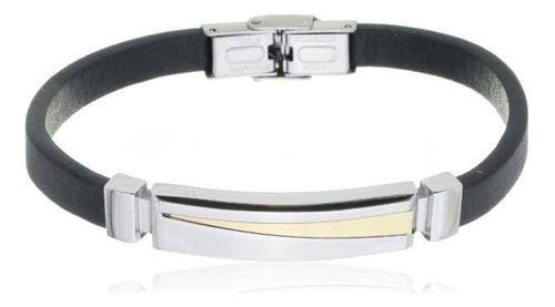 Bracelete Aço 20cm Couro Preto Trabalhado Com Placa 10x36mm