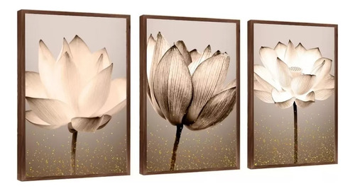 Quadro Decorativo Flores Bege Luxo Dourado Quarto Sala 60x80