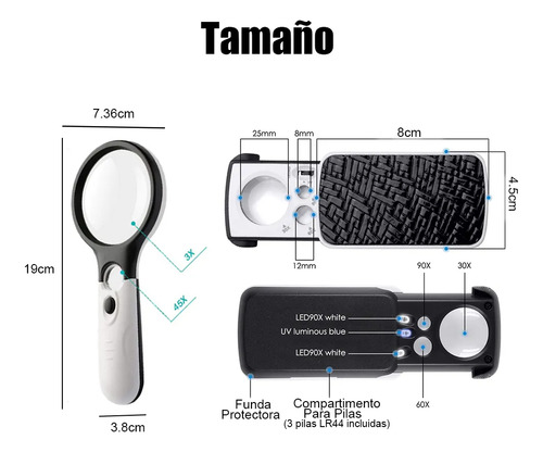 Lupa De Lectura Gran Aumento Mano De Luz Blanca Uv Led 2pzs