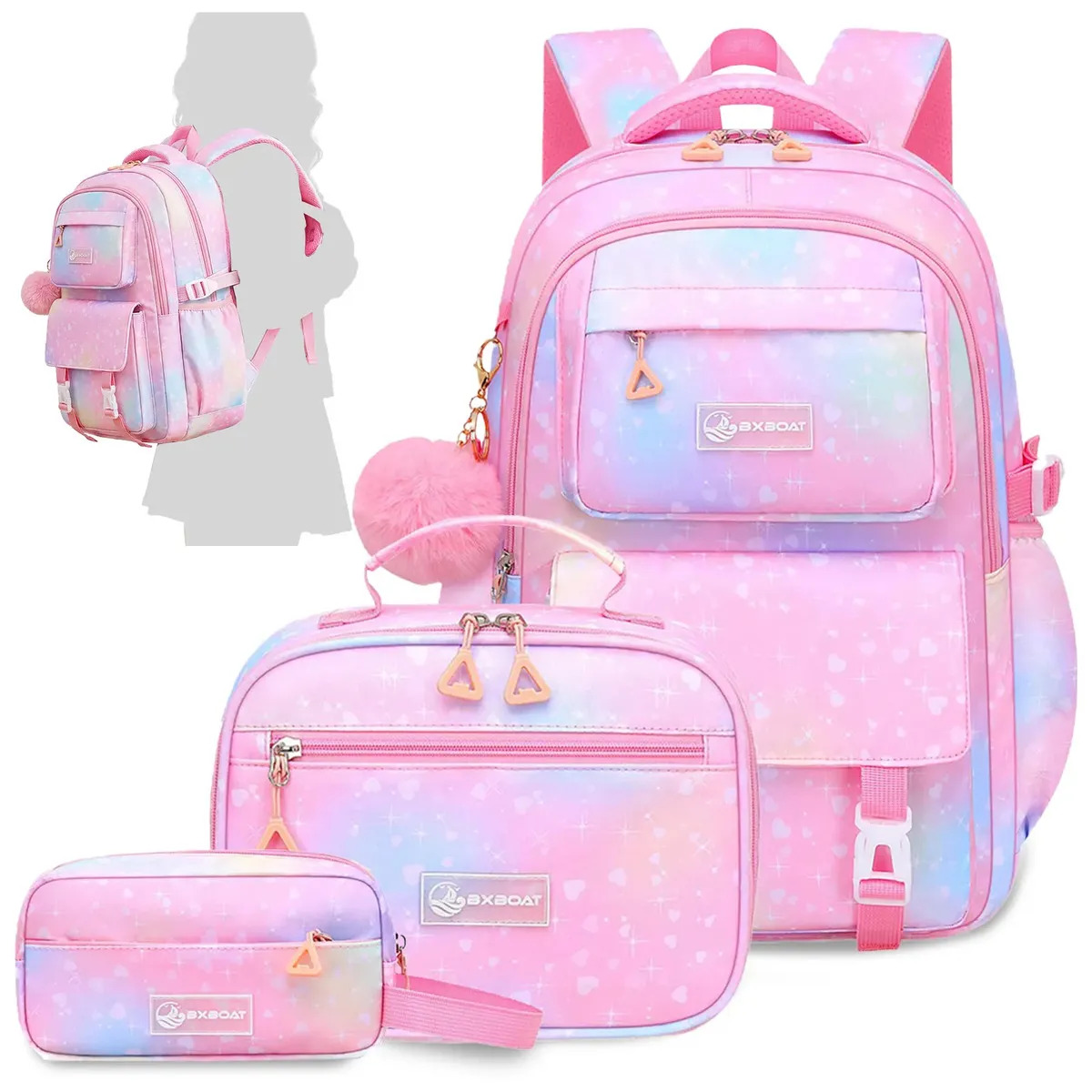Kit Mochila Escolar UINNATE 3 Peças Rosa, Com Lancheira e Estojo Impermeável
