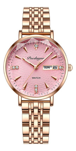 Relógios de quartzo elegantes Poedagar com calendário para mulheres, cor de fundo rosa