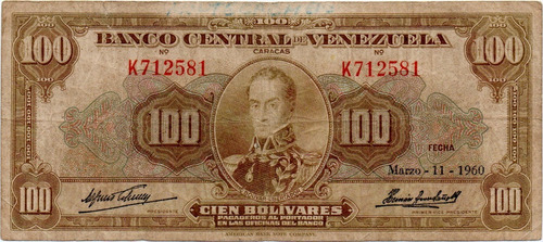 Billete 100 Bolívares 11 De Marzo 1960 Serial K6