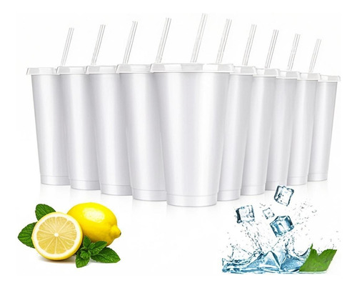 Vasos Reusables Plastico Color Con Tapa Y Popote 16oz 10pzs