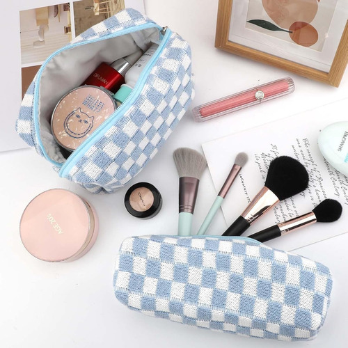 Bolsa De Maquillaje De 3 Piezas A Cuadros De Color Azul Blue
