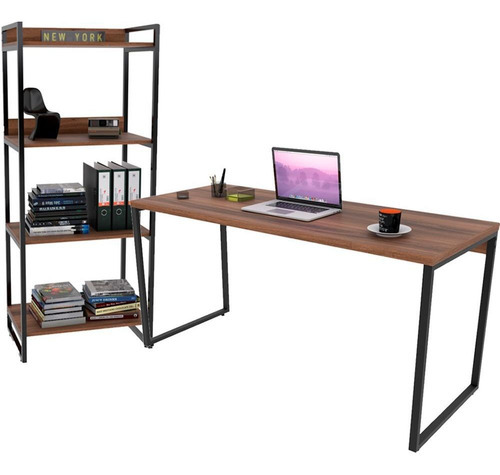 Kit Mesa Para Escritório Com Estante 4 Prateleiras Industrial Form 150 Cm Nogal - Lyam Decor Cor Marrom-escuro