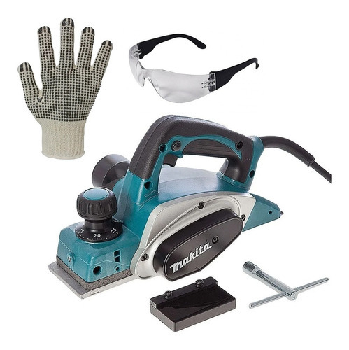 Plaina Elétrica Kp0800 Makita + Óculos + Luva De Proteção Cor Azul-turquesa 220V