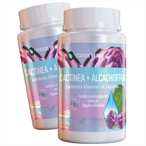 2 Potes Cactinea + Alcachofra 100% Pura - Kit 120 Cáps Sabor Sem Sabor