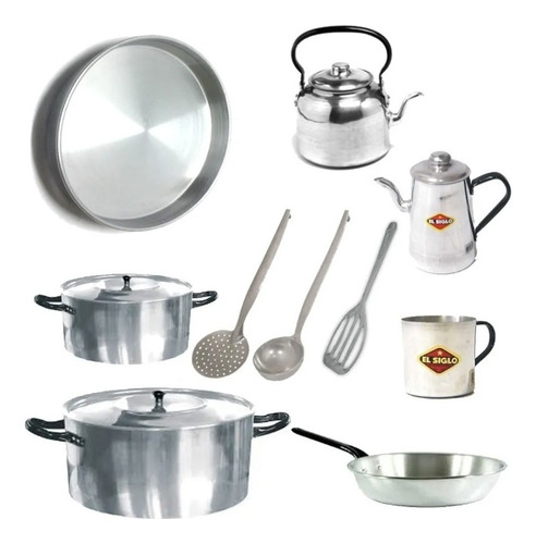 Set Bateria De Cocina 14 Piezas  Aluminio Olla Pava Sarten.