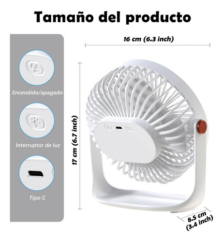 Ventilador De Escritorio Recargable Con Luz Nocturna Usb 16 Cm Blanco