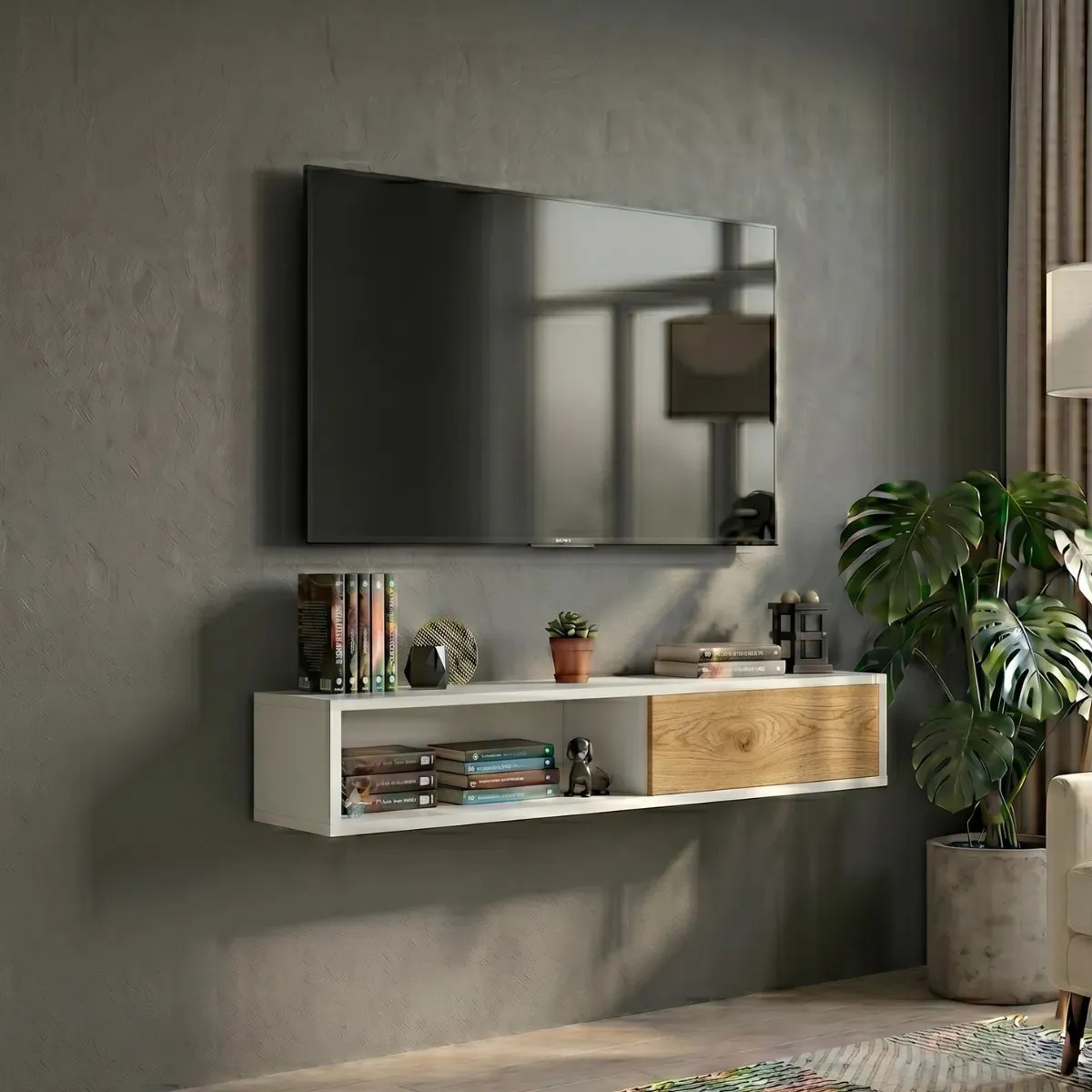 Rack Panel Tv Mueble Flotante Led Lcd 120cm Melamina Armado Roble Americano